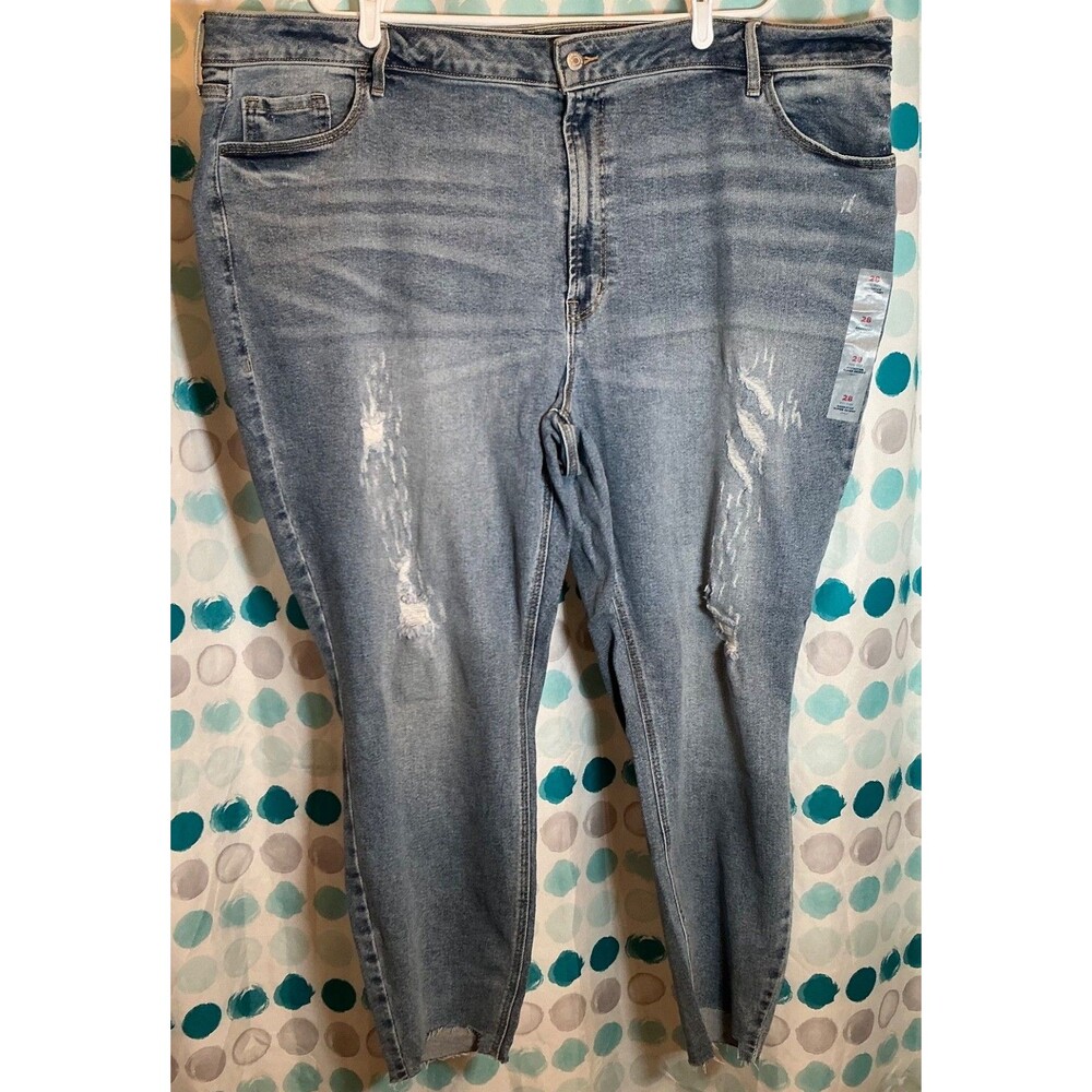 New Plus Size Women Size 28W Blue Jeans Pants Mid Rise Super Skinny Distressed